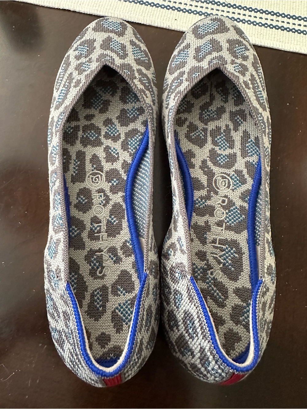 Rothy's Gray/Blue Leopard Round Toe Knit Flats with Blue Trim Size 9